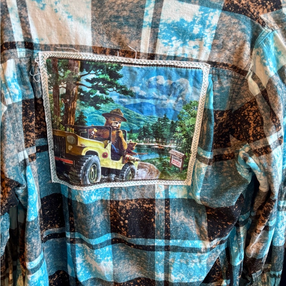 Angry Minnow Flannel Blue Plaid Shirt with Smokey the Bear on back